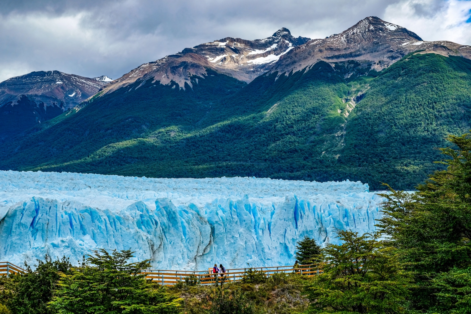 People viewing a light blue glacier with tree-covered mountain in the background