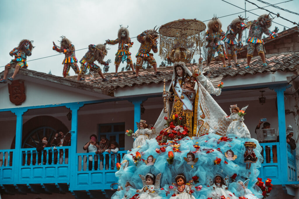 Statue of Mamacha Carmen being carried through streets of Paucartambo, Peru